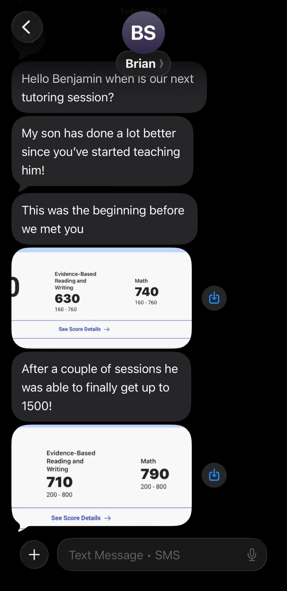 A real parent's text messages reporting an SAT score improvement from 1370 to 1500
