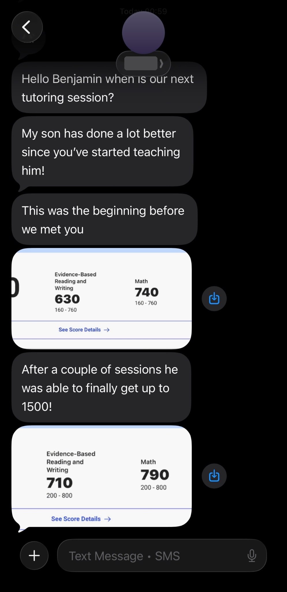 1370 → 1500, a real parent text with names hidden