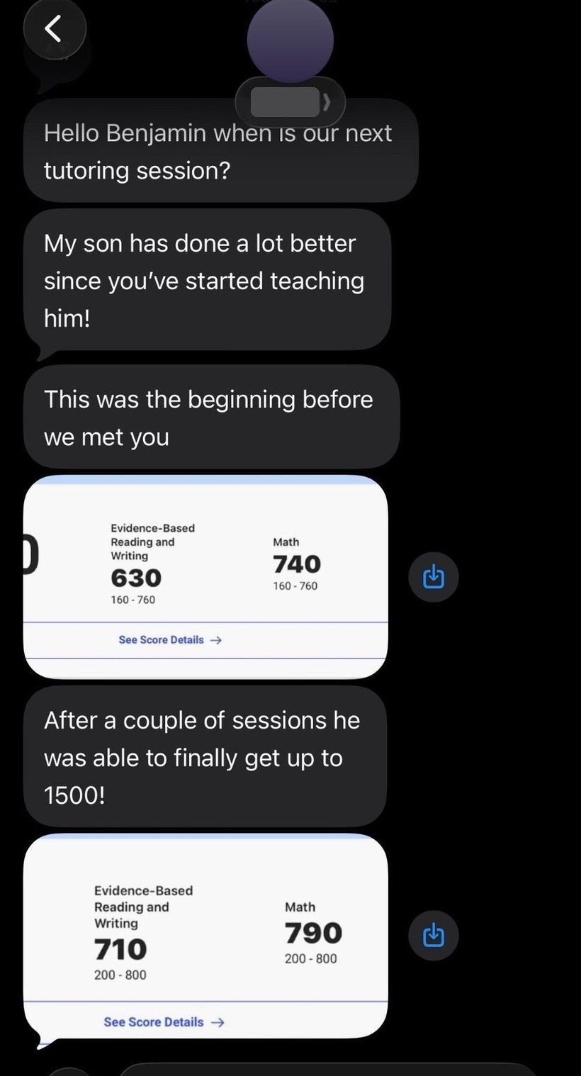 Parent text message: my son was able to finally get up to 1500 after a couple of sessions.
