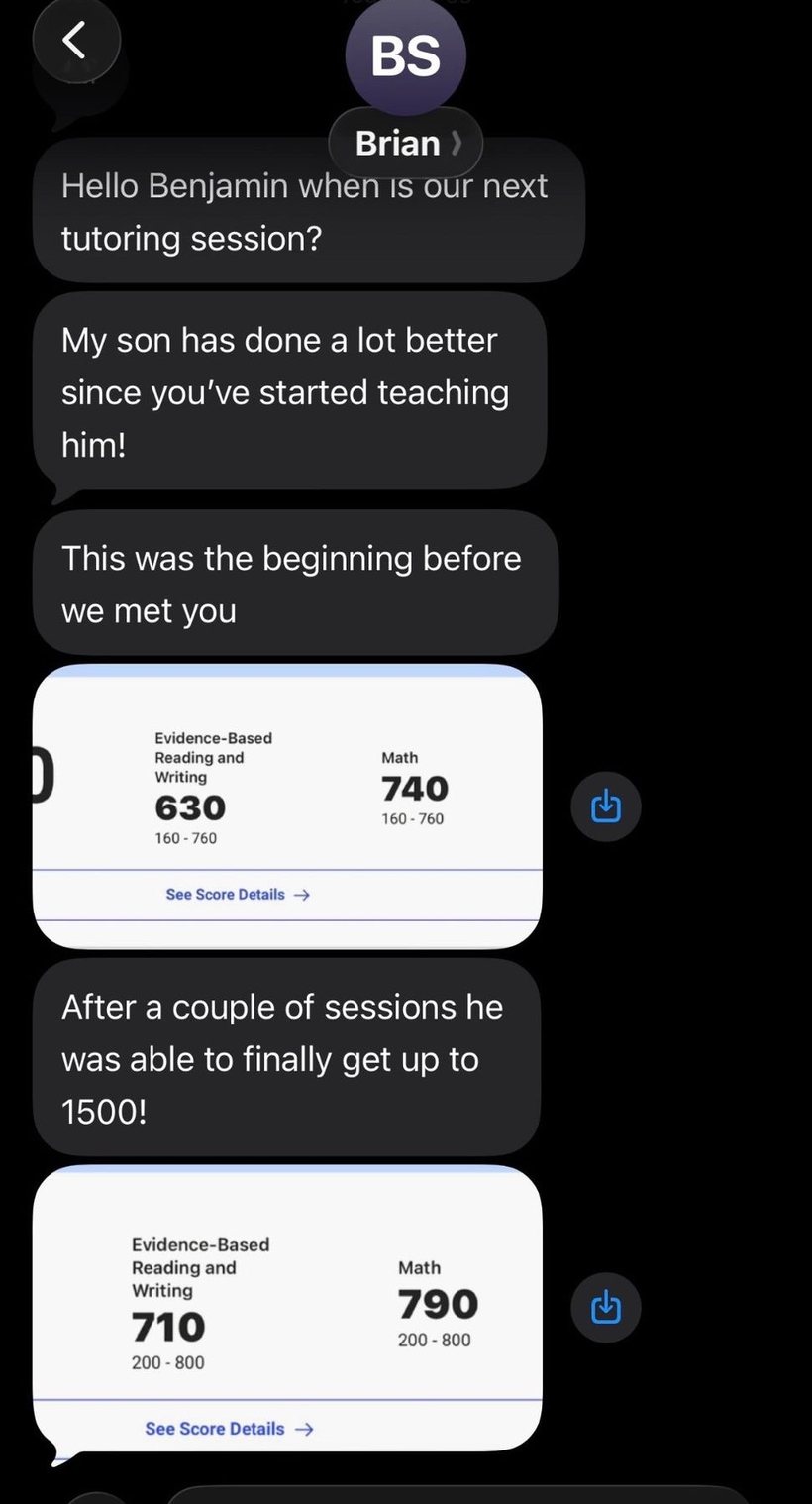Parent text message: my son was able to finally get up to 1500 after a couple of sessions.