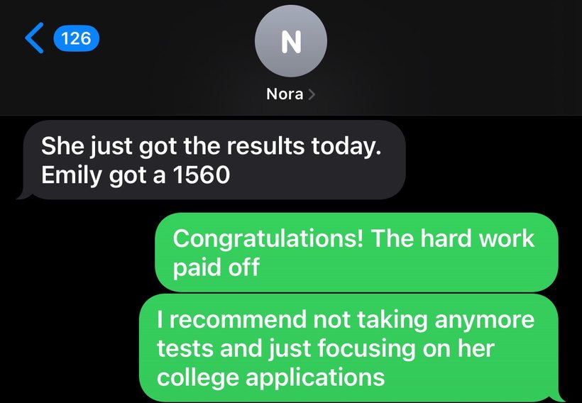 Parent text message: Emily got a 1560.