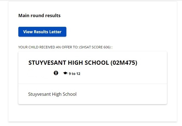 NYC MySchools result showing an SHSAT score of 606 and an offer to Stuyvesant High School