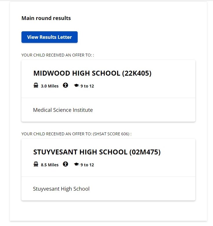 A real MySchools letter offering admission to Stuyvesant High School